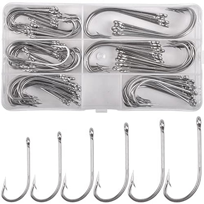 O'shaughnessy Saltwater Fishing Hooks Kit, 100pcs Long Shank Stainless Steel Sea Hooks Assortment for Freshwater and Saltwater
