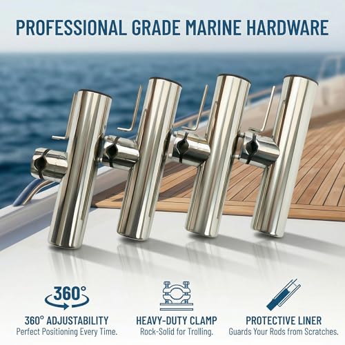 4Pcs Stainless Steel Fishing Rod Holder, Adjustable Rail Mount Clamp-On Fits 7/8"-1" Rails – Heavy Duty Fishing Pole Holder for Boat Kayak Pontoon