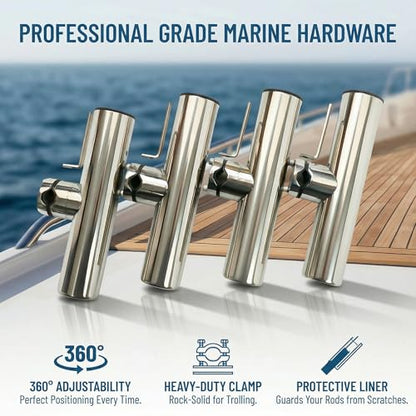 4Pcs Stainless Steel Fishing Rod Holder, Adjustable Rail Mount Clamp-On Fits 7/8"-1" Rails – Heavy Duty Fishing Pole Holder for Boat Kayak Pontoon