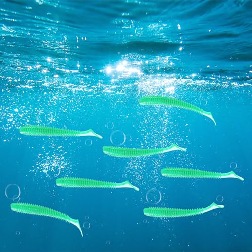 Soft Fishing Lures - Paddle Tail Swim Bait for Bass, Trout in Saltwater & Freshwater - Rigged with Hooks - Durable ABS Plastic - color: Green, size: 2.95"