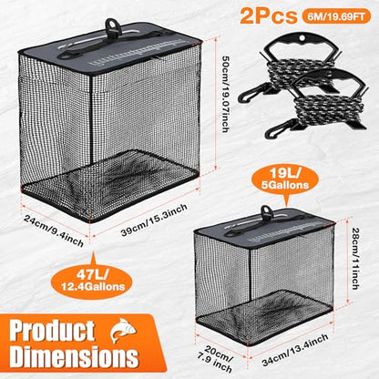 Loyala Floating Fishing Basket, 5Gallons/13 Gallons 2 Pcs Collapsible Fishing Net Cage with 20Ft Anti Slip Rope for Caughting Fish Beach Fishing Stream Fishing Rock Fishing Fly Fishing - color: Black