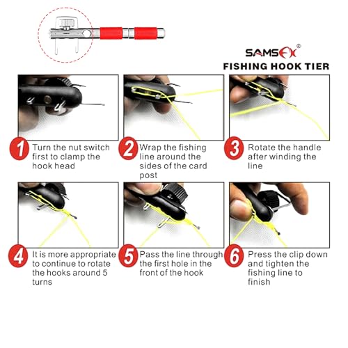 SAMSFX Fishing Stainless Steel Hook Tier, Knot Tying Tool, Loop Tyer, Hook Remover and Zinger Retractors Combo - color: Hook Tier with Red Grip