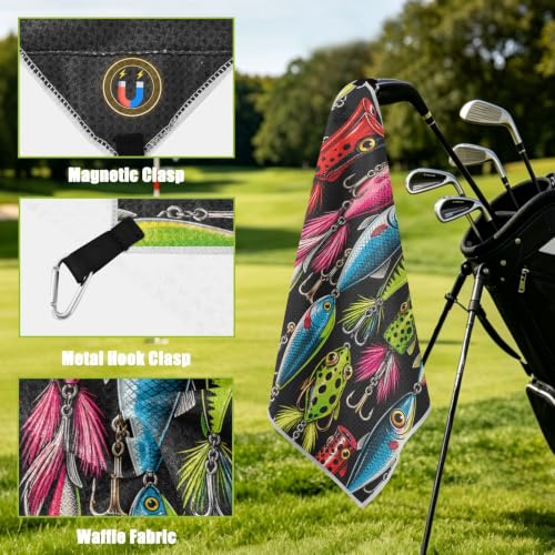 Fishing Black Microfiber Golf Towel Magnetic with Clip for Golf Bags | Golf Essentials for Men Women Attaches to Clubs and Carts 17.7"x17.7"
