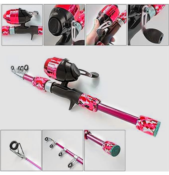 Kids Fishing Pole Spincast Youth Fishing Pole Tackle Box - with Net,Travel Bag,Rod and Reel Kit for Boys and Girls, Youth or Beginner’s - color: Pink