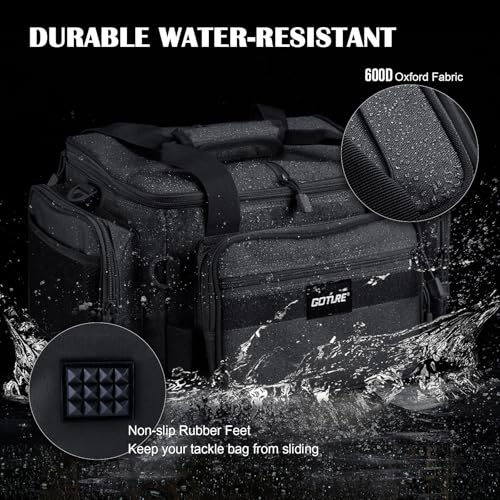 Goture Fishing Tackle Bag,Store Up to 4PCS 3700 Tackle Boxes(Not Included),600D Soft Side Water-Resistant Saltwater Gear Storage Fishing Bag with Rod Straps,Detachable Water Bottle Pouch,SBS Zippers - color: A3:Black(Without Trays-17.72"x11.81"x9.45"), si