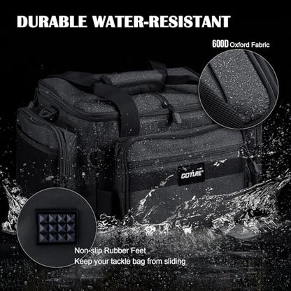 Goture Fishing Tackle Bag,Store Up to 4PCS 3700 Tackle Boxes(Not Included),600D Soft Side Water-Resistant Saltwater Gear Storage Fishing Bag with Rod Straps,Detachable Water Bottle Pouch,SBS Zippers - color: A3:Black(Without Trays-17.72"x11.81"x9.45"), si