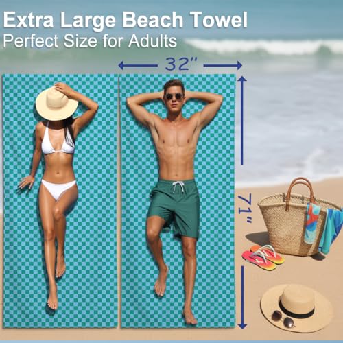 Microfiber Beach Towel Sand Free Quick Dry Oversized Soft Lightweight Teal Light Blue Geometric Checkerboard Pattern for Travel Swim Yoga Pool 71 x 32 Inches 1 Pcs - color: Lake Blue