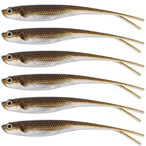 Dr.Fish Soft Plastic Baits, Fork Tail Soft Jerkbait Minnow Lures, 3 to 4-3/4 Inches Soft Swimbaits Jerk Shad Baits Crappie Bass Fishing Lures - color: Brown, size: 4.75"-5 Pack