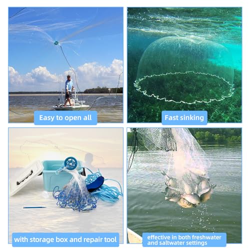 Cast Net for Bait Trap Fish,1/2 Inch Mesh Size - size: 6ft Radius