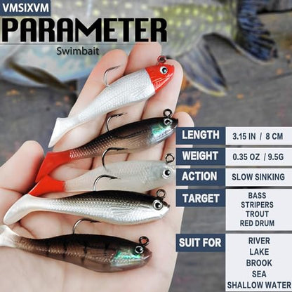 Soft Fishing Lures Shad Minnow Swimbaits, Pre-Rigged Jig Heads Paddle Tail Swim Baits for Bass, Trout, Walleye, Crappie, Sinking Jigs Bait for Saltwater Freshwater, Fishing Gifts for Men - color: A6-Weedness Pre Rigged Swim Baits-10pcs- 3.15inch