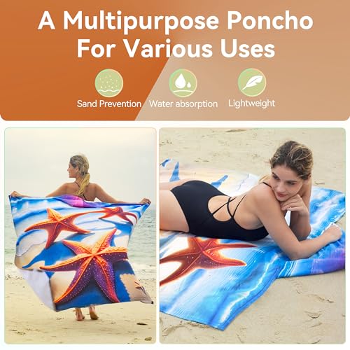 Catalonia Hooded Towel for Adults, Quick-Dry Beach Poncho with Hood, Sand-Free Summer Gift - color: Starfish