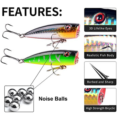 Popper Fishing Lures Topwater Fishing Baits Hard Baits 3D Eyes Swimbait Crankbait with Treble Hook for Bass Trout Freshwater Saltwater - color: 5pcs-2.6in/0.35oz