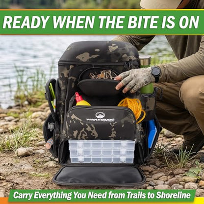 Fishing Backpack with Tackle Boxes, Rod Holders, 7 Zippered Storage Pockets and Water-Resistant Cover - Tactical Backpack Tackle Bag for Fishing Gear and Equipment by Wakeman Outdoors (Camo Black)