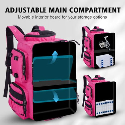 Goture Fishing Backpack,900D Water-Resistant Tackle Backpack with Rod Holders,45L Large Fishing Bag Storage Gear Tackle Bag with Rain Cover,Bottle Holder for Travel Camping Hiking(Without Tackle Box) - color: A2:45L Pink(Without Tackle Box)