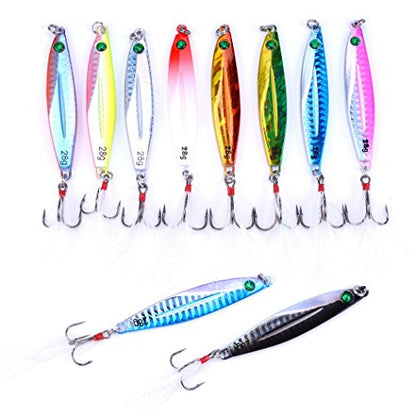 Aorace 10pcs Hard Metal Jigs Diving Sea Fishing Lures Minnow Popper Baits Tackle Crankbait Saltwater Freshwater Lures with Feather - color: 10pcs 7.7cm/28g