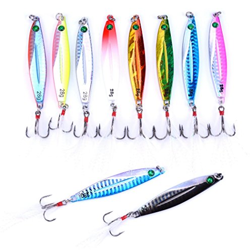 Aorace 10pcs Hard Metal Jigs Diving Sea Fishing Lures Minnow Popper Baits Tackle Crankbait Saltwater Freshwater Lures with Feather - color: 10pcs 7.7cm/28g