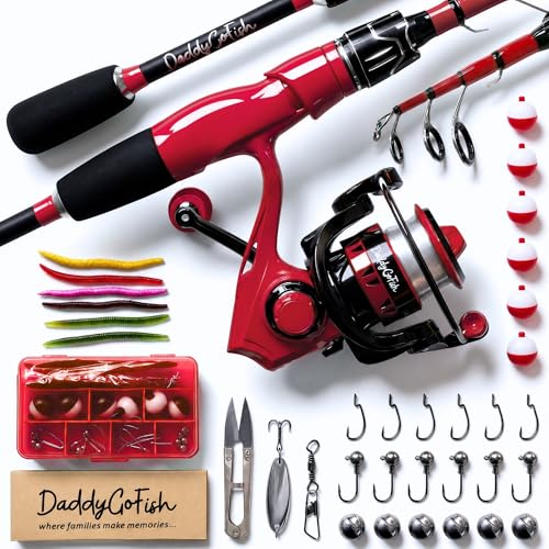 DaddyGoFish Spinning Fishing Rod and Reel Combo Set with Tackle Box | Kids Fishing Pole | Carbon Fiber Telescopic Fishing Rod Kit | Spinning Reel for Travel Saltwater Freshwater Fishing Gear Kit - color: Red