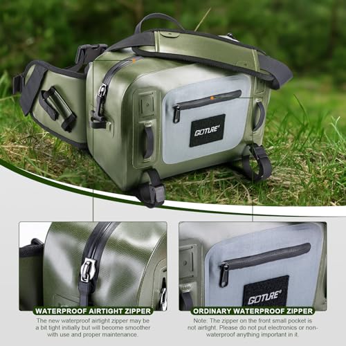 Goture Waterproof Fishing Waist Pack, IPX8 840D TPU Large Tackle Bag with Rod Holder, Airtight Zipper Closure, Fly Fishing Bag with Adjustable Waist Strap, Sling Fanny Pack with 16pcs Popper Flies - color: D1:Fly Fishing Bag with 16pcs Popper Flies