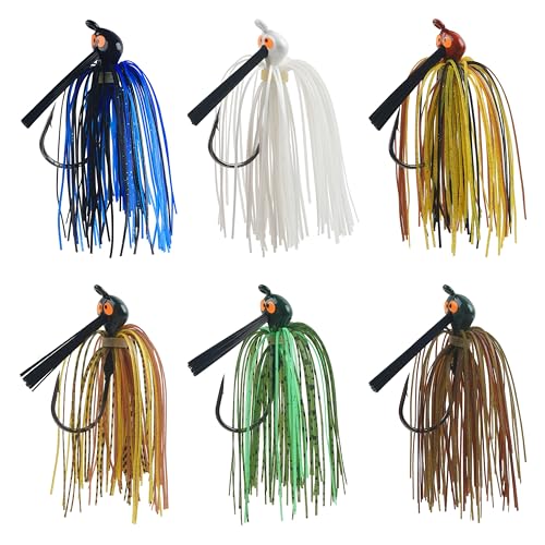 Bass Weedless Fishing Jigs Set, Bass Fishing Lures with Weed Guard Silicone Skirts Rubber Flipping Jigs Swim Jig Kit Skipping Jig for Bass Fishing - style: 6pcs