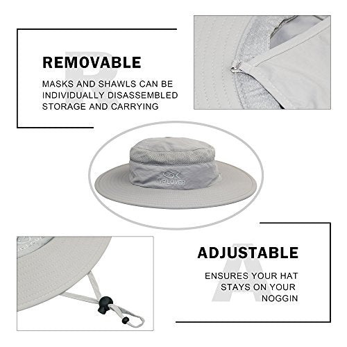 YR.Lover Outdoor UV Sun Protection Wide Brim Fishing Cap with Removable Flap - color: Light Gray