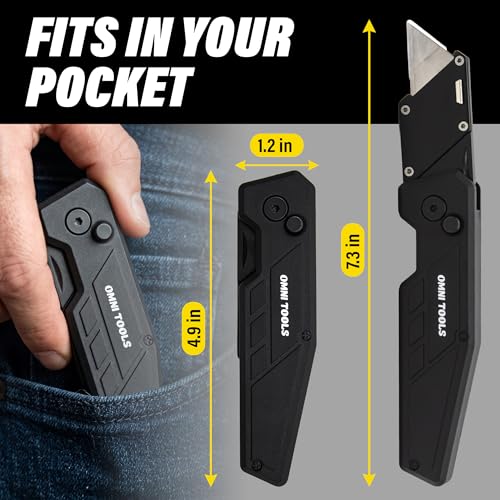 Heavy Duty Folding Utility Knife with 5 Replacement Blades, Quick Change Razor Box Cutter, Ergonomic Handle, Portable Pocket Cutter for Cardboard, Drywall, Plastic, Rope, Carpet and DIY Projects - color: Mat Black