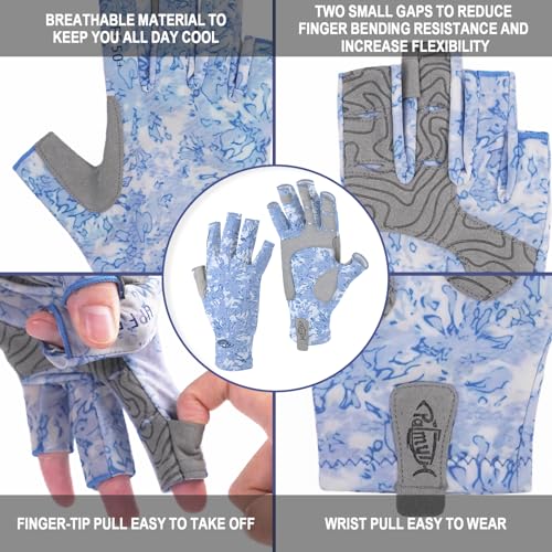 Palmyth UV Protection Fishing Fingerless Gloves UPF50+ Sun Gloves Men Women for Kayaking, Hiking, Paddling, Driving, Canoeing, Rowing - color: Ice Blue, size: Large