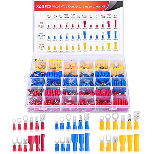 Nilight 840pcs Mixed Quick Disconnect Connector Butt Splice Ring Fork Spade Bullet Piggy Back Insulated Terminal Crimp Assortment Kit for Automotive Wiring Projects - color: 840PCS Mixed Crimp Terminals