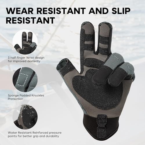 FitsT4 Sports Sailing Gloves Padded Palm Glove 3 Finger Water Resistant Moisture Wicking - color: gray, size: Large