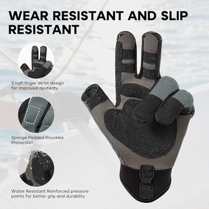 FitsT4 Sports Sailing Gloves Padded Palm Glove 3 Finger Water Resistant Moisture Wicking - color: gray, size: Large