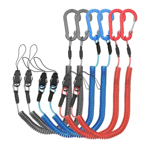 PATIKIL Coiled Lanyards with Buckle Retractable Safety Ring and Quick Release Detachable Buckle for Fishing Equipment - color: Black/Red/Blue, size: 40 Inch