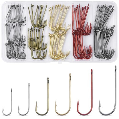 Crappie Panfish Hooks Aberdeen Fishing Hooks Set, 150pcs Long Shank Aberdeen Hooks High Carbon Steel Assorted Bluegill Small Light Wire Fishing Hooks for Bass Trout Catfish Sunfish Freshwater
