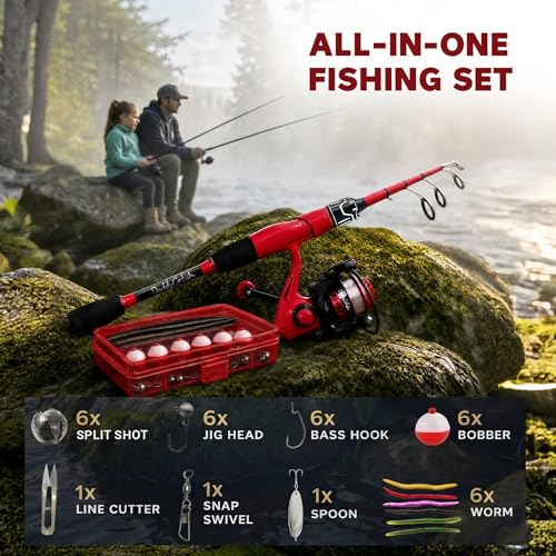 DaddyGoFish Spinning Fishing Rod and Reel Combo Set with Tackle Box | Kids Fishing Pole | Carbon Fiber Telescopic Fishing Rod Kit | Spinning Reel for Travel Saltwater Freshwater Fishing Gear Kit - color: Red
