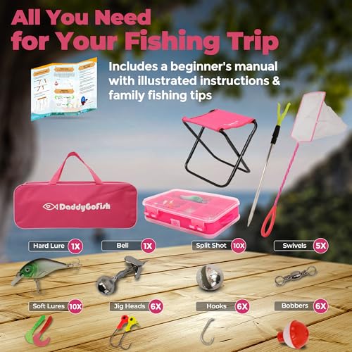 DaddyGoFish Kids Fishing Pole - Rod Reel Combo Tackle Box Starter Set - First Year Small Dock Gear Kit for Boys Girls Toddler Youth Age Beginner Little Children Junior Anglers Older Kids - color: 2 Pack- Blue + Pink