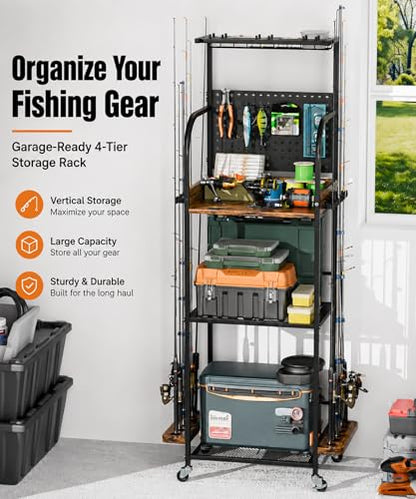 Homde Fishing Rod Holders for Garage: Large Capacity Fishing Equipment Holder up to 12 Rods - Mobile Tackle Storage Cart with Pegboard and Hooks for Tackle Box Organizers and Storage