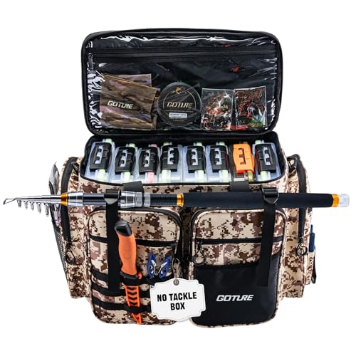 Goture Large Tackle Bag,Store Up to 8PCS 3700 Plus 4PCS 3600 Tackle Trays(Not Included),Water Resistant Saltwater Gear Storage Big Fishing Bag with EVA Bottom,Gifts for Men(21.65"x11.8"x15.16")-Khaki - color: A1 Khaki Extra Large Without Trays