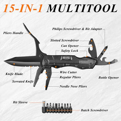 RoverTac Pocket Knife, 15-in-1 Multitool with Pliers, Bottle & Can Opener, 9 Screwdriver Bits, Locking Mechanism & Nylon Sheath - EDC Multi Tool for Camping, Hiking & DIY, Gift for Men & Dad - style: Multi-Knife Pliers