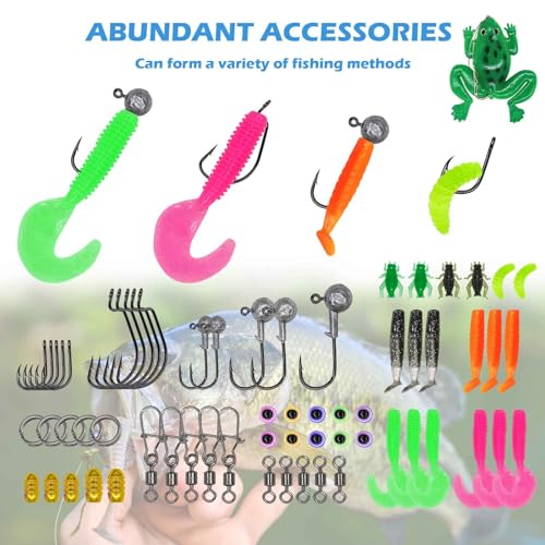 Fishing Lure Bait Tackle Set for Saltwater Freshwater Bass Fish, Including Jig Hooks, Spoon Lures, Crankbait, Soft Plastic Worms, Frog Lure, Fishing Gear Kit