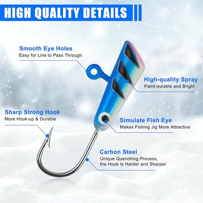 Ice Fishing Jig Kits,Luminous Ice Fishing Lures Micro Jig Head Hooks Fish Gear Tackle Accessories Winter Fishing Jigging for Crappie Pike Panfish Walleye Perch Bluegill - color: Colorful - 48pcs