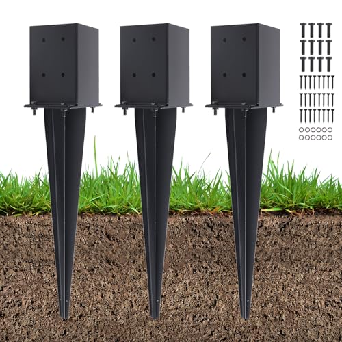 3 Pcs 22" Fence Post Anchor Ground Spike| Black Powder-Coated| 4"x4" | Actual 3.6"x3.6" Heavy Duty Metal Fence Post Anchor for Deck| Fence| Porch| Railing| Mailbox - size: 3 Pcs, style: 4"x 4"