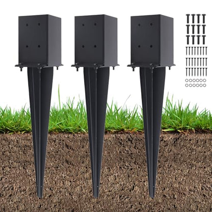 3 Pcs 22" Fence Post Anchor Ground Spike| Black Powder-Coated| 4"x4" | Actual 3.6"x3.6" Heavy Duty Metal Fence Post Anchor for Deck| Fence| Porch| Railing| Mailbox - size: 3 Pcs, style: 4"x 4"