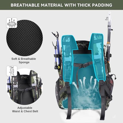 Bagenerous 39L Fishing Tackle Backpack with Rod Holders & Cooler,Water-resistant Fishing Gear Storage Bag with Protective Rain Cover,Camouflage - color: Camouflage