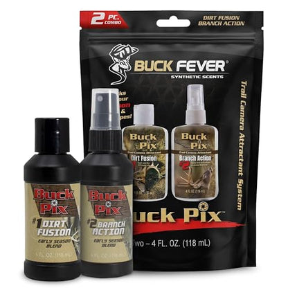 Buck Fever Buck Pix 2,3,4-Piece kit - Synthetic Deer Scent (4 oz Branch Action & 4 oz Dirt Fusion) for Whitetail & Mule - Non-Spoiling Deer Attractant for Outdoor Trail Camera - size: 2 - Piece Combo