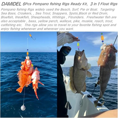 6Pcs Pompano Fishing Rigs Ready Kit，3 in 1 Float Rigs with Triple 3/0 Circle Hook for Surf Fishing，（12/0） Fishing line / 50in length/50lbTension in freshwter and Saltwater