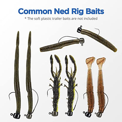 MadBite by KastKing Ned Rig Jig Heads for Soft Fishing Lures, 24-Pack Finesse Standard Mushroom Stand-up Ned Heads Kit, Needle Point Saltwater & Freshwater Versatility Ned Rig Hooks 1/8, 1/16, 3/16 oz - color: Black, size: 1/8 oz