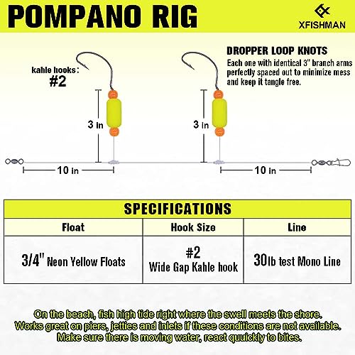 Pompano-Rigs-for-Surf-Fishing-Saltwater-Gear with Double Circle & Wide Gap Hook-6-Pack Surf Fishing Tackle - color: Neon Yellow 6-Pack, size: #2 Wide Gap Hook