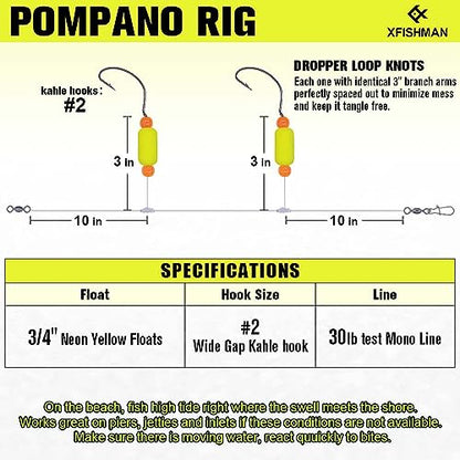 Pompano-Rigs-for-Surf-Fishing-Saltwater-Gear with Double Circle & Wide Gap Hook-6-Pack Surf Fishing Tackle - color: Neon Yellow 6-Pack, size: #2 Wide Gap Hook