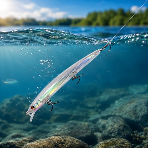 Artificial Plastic Minnow Hard Crankbait Fishing Lure with Treble Hooks for Bass and Trout