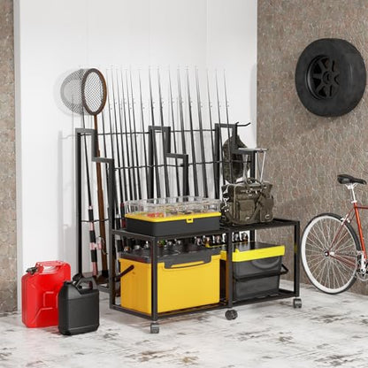 Miratino Fishing Rod Holders for Garage, 24 Rod Fishing Pole Rack Cart with Wheels, Fishing Rod Storage Organizer with Shelves, Rolling Tackle Storage Rack for Fishing Gear, Garage Basement Shed
