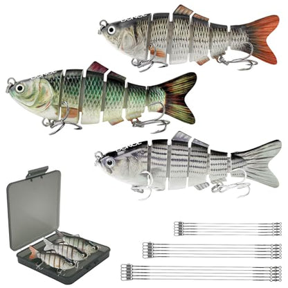 3 Pcs Multi Jointed Bass Fishing Lures, Jointed Swimbaits with 15pcs Fishing Leaders, Slow Sinking Bionic Swimming Lures for Panfish Trout Bass Lifelike Fishing Lures Topwater Freshwater Saltwater