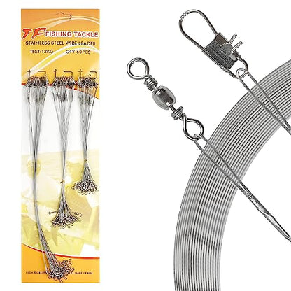Fishing Leaders Saltwater,60pcs Stainless Steel Wire Leaders with Swivels Snap High Strength Fishing Line Leader for Connect Fishing Tackle Lure Bait Rig Hooks,6/8/10inch - color: Silver - 60pcs (6"+8"+10")